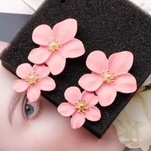 Pink Flower Drop Earrings for Women Double Layer Flower Dangle Earrings